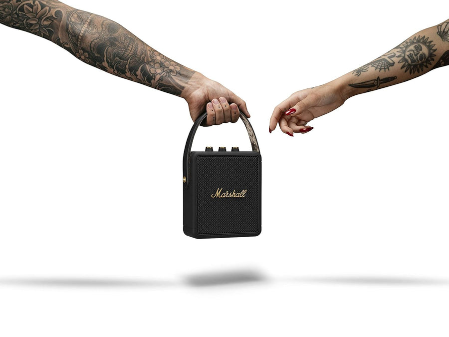 Marshall Stockwell II Portable Bluetooth Speaker, 20+ Hours Playtime, 360° Sound, Water-Resistant IPX4 – Black & Brass
