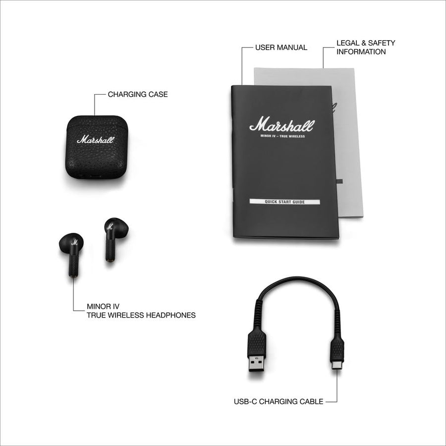 Marshall Minor IV Wireless in Ear Earbuds with 30+ Hours of Playtime, Water-Resistant, Wireless Charging- Black
