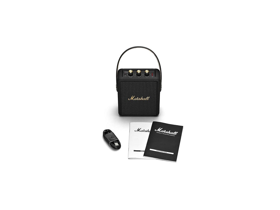 Marshall Stockwell II Portable Bluetooth Speaker, 20+ Hours Playtime, 360° Sound, Water-Resistant IPX4 – Black & Brass