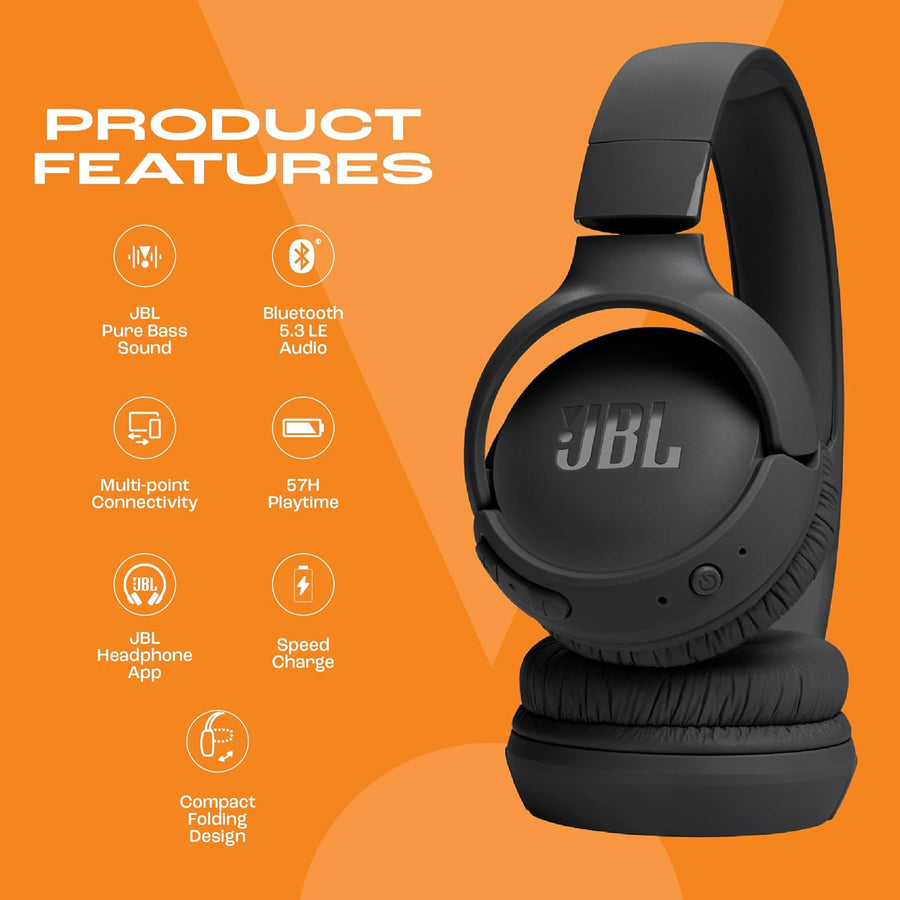 JBL Tune 520BT Wireless On Ear Headphones with Mic, (Black)