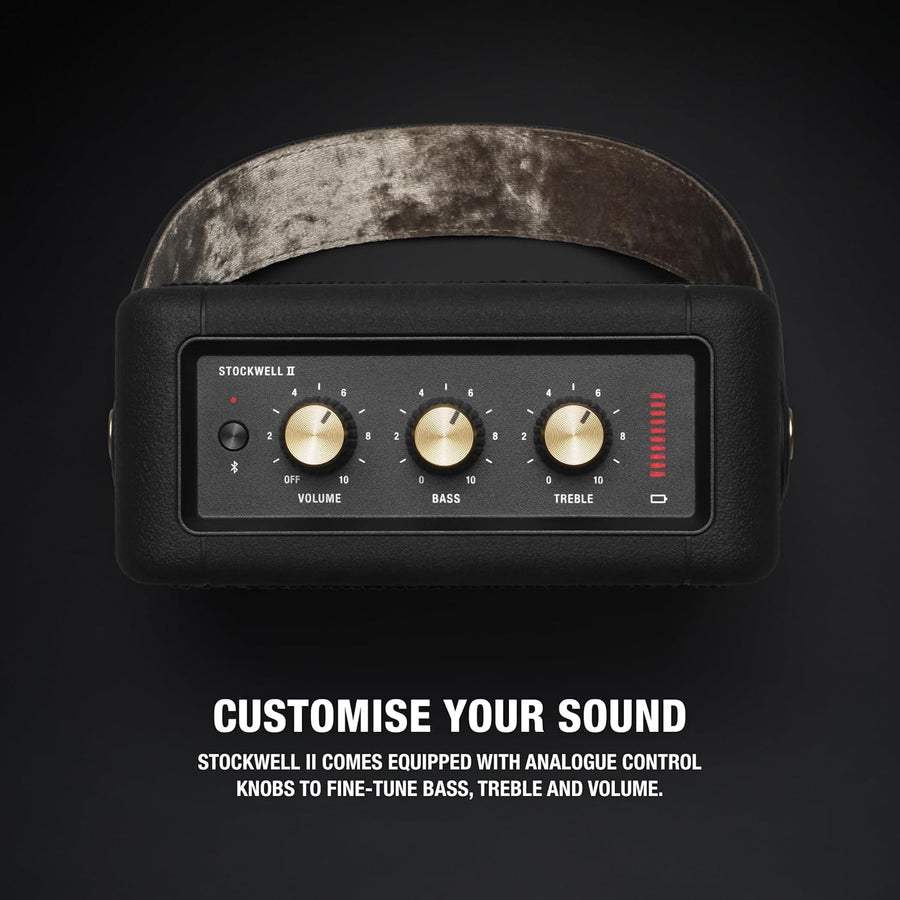 Marshall Stockwell II Portable Bluetooth Speaker, 20+ Hours Playtime, 360° Sound, Water-Resistant IPX4 – Black & Brass