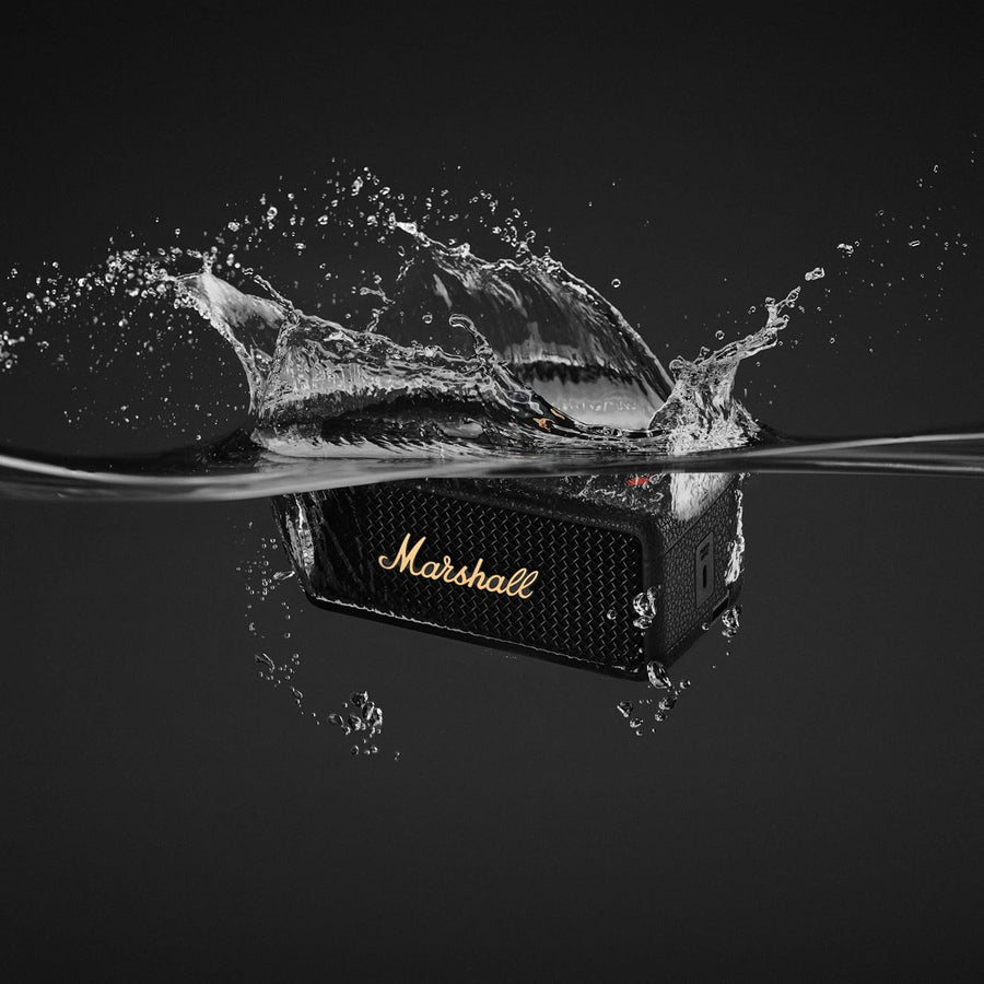Marshall Emberton III Compact Portable Bluetooth Speaker, 32+ Hours Playtime, 360° Sound, Dust & Waterproof IP67 – Black & Brass