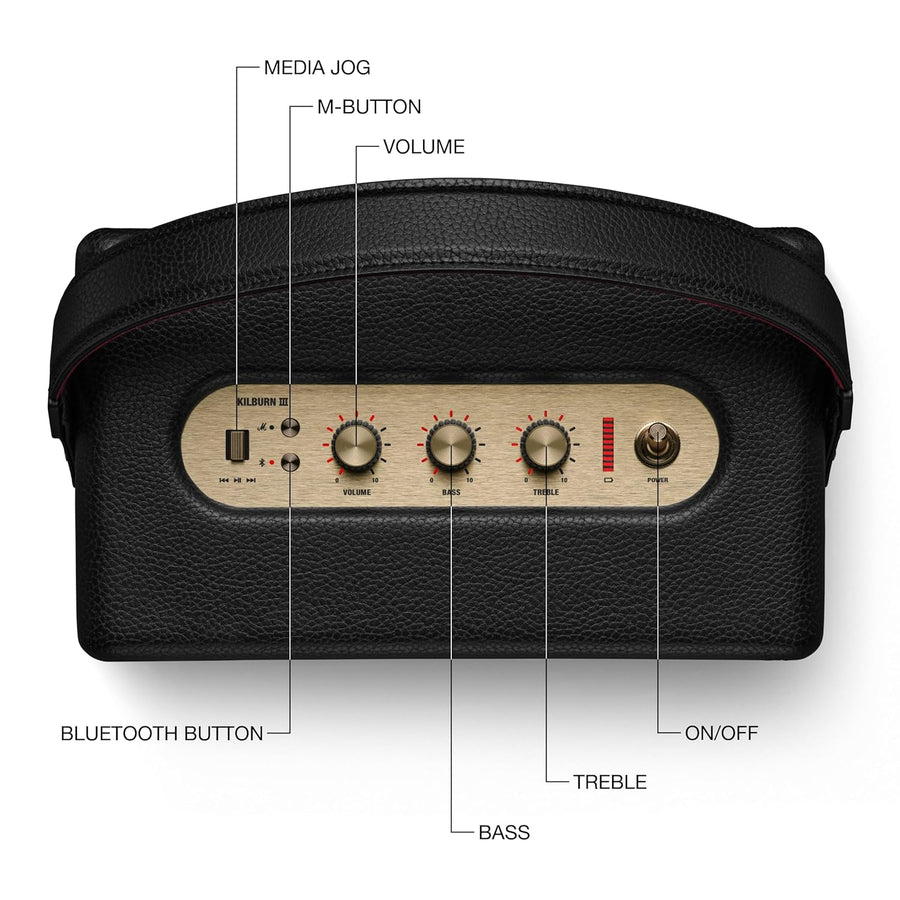 Marshall Kilburn III Portable Bluetooth Speaker, 50+ Hours Playtime, 360° Sound, Dust & Water-Resistant IP54 – Black & Brass