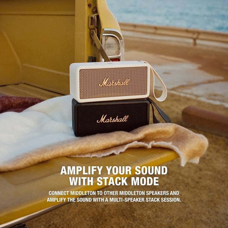 Marshall Middleton Portable Bluetooth Speaker, 20+ Hours Playtime, 360° Sound, Dust & Waterproof IP67 – Black & Brass