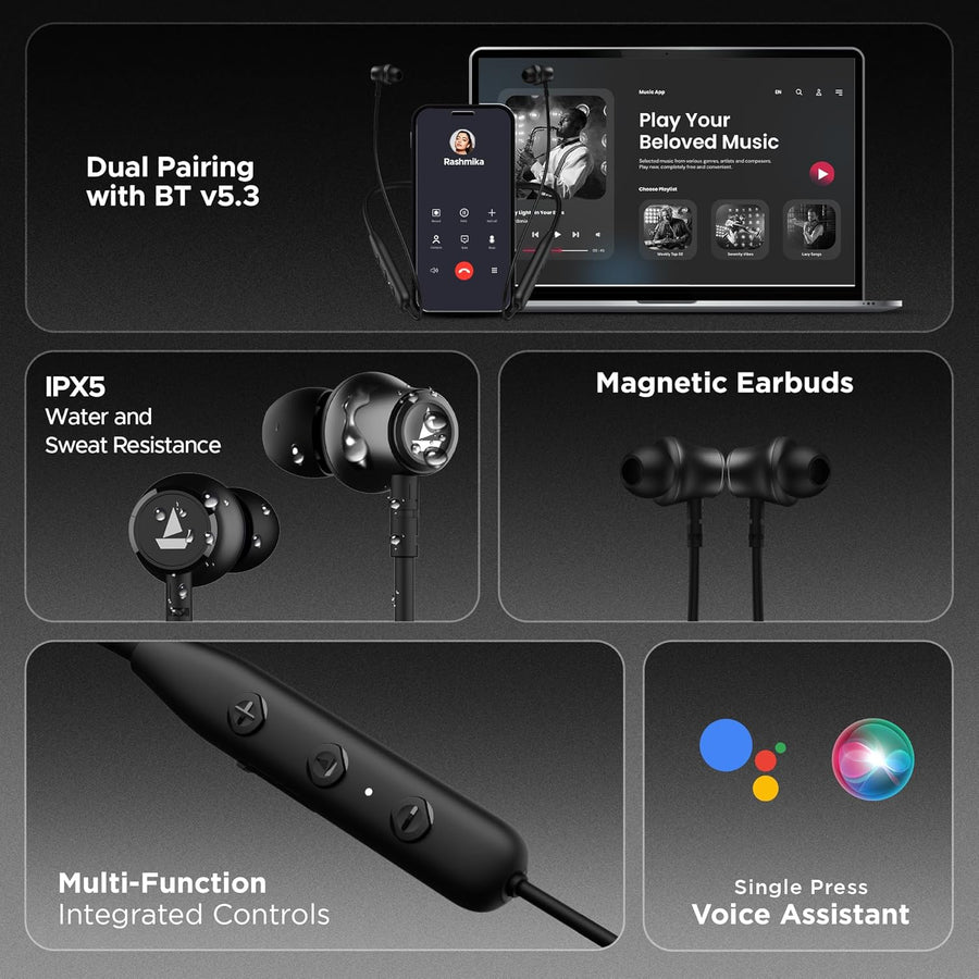 Boat Rockerz 111, Bluetooth Neckband, in Ear Wireless with Mic Earphones (Active Black)