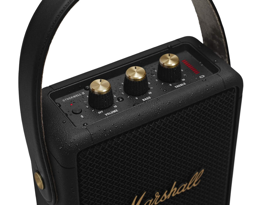Marshall Stockwell II Portable Bluetooth Speaker, 20+ Hours Playtime, 360° Sound, Water-Resistant IPX4 – Black & Brass