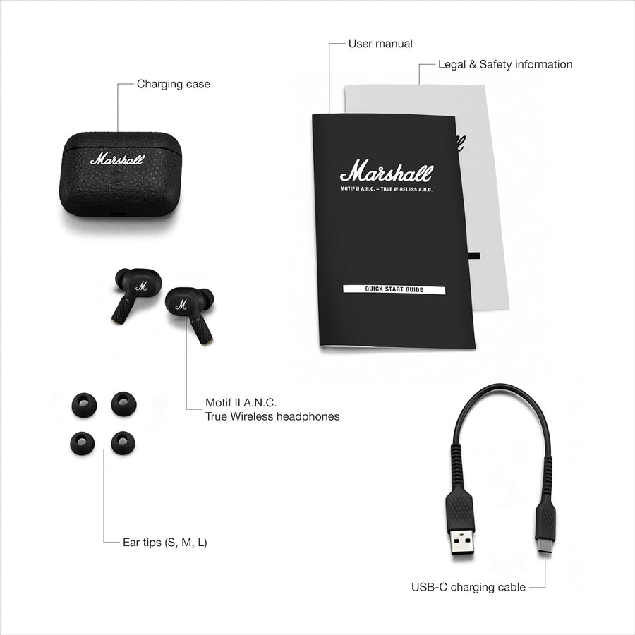 Marshall Motif II ANC True Wireless Noise Cancelling Bluetooth Earbuds, 30 Hours Playtime – Black